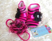 Zebra Black & Hot Pink, Baby Boots 0-6 or 6-12Months READY TO SHIP