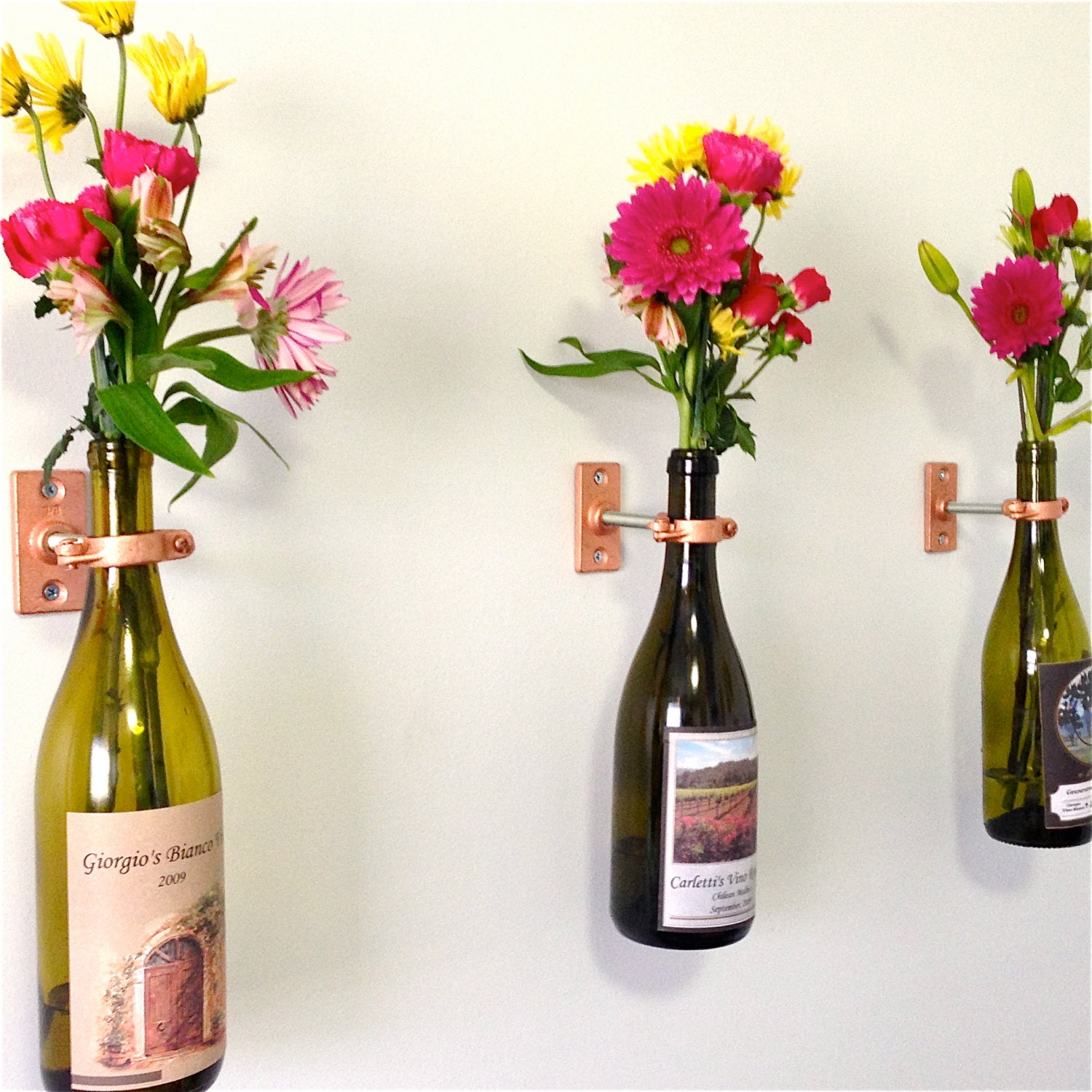 HARDWARE ONLY - 2 Wine Bottle Wall Flower Vase Kits - copper, silver or iron hardware - DIY - hostess gift