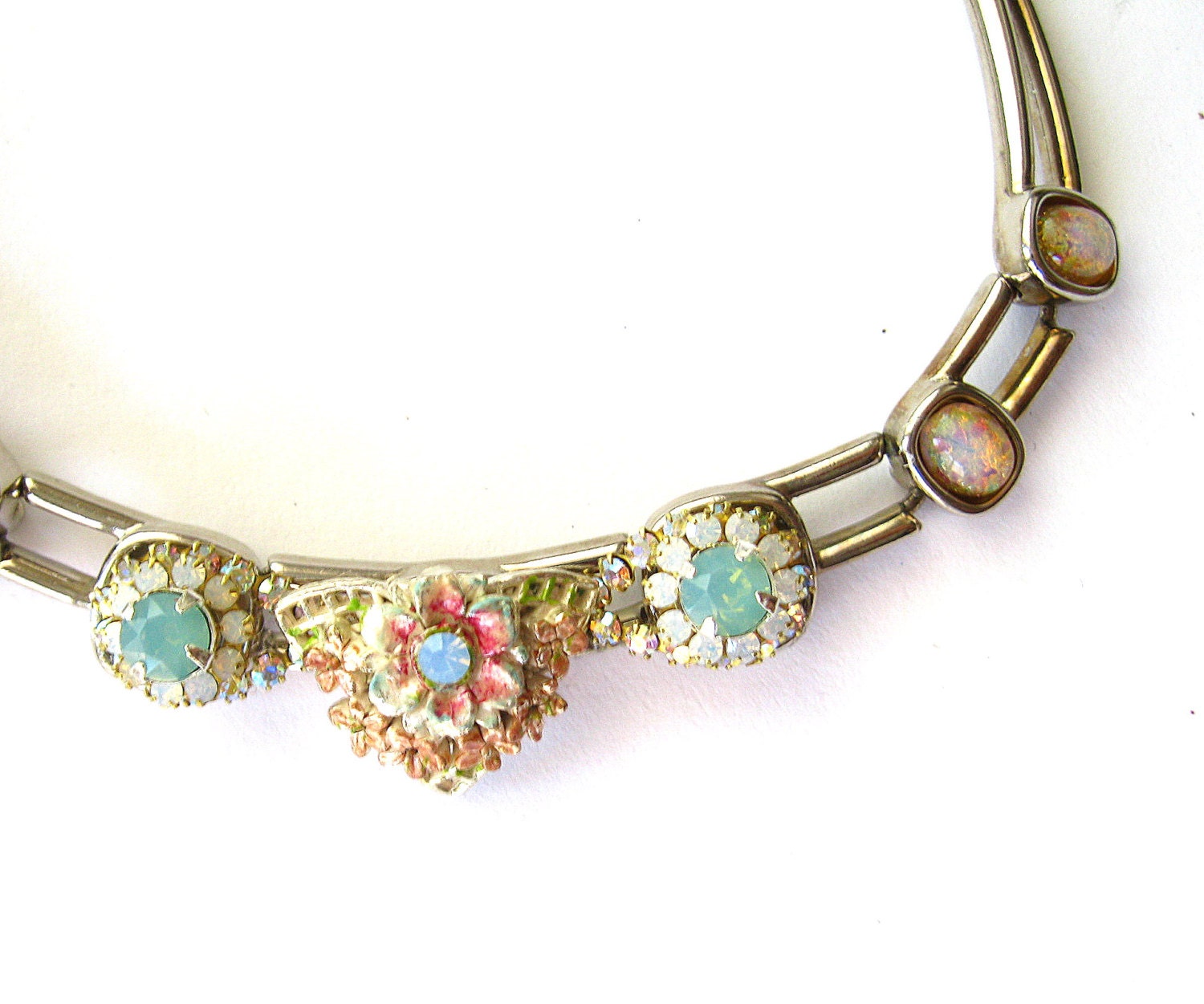 Pacific Blue Opal and Vintage Fire Opal crystal necklace. Vintage necklace base. Flowers bib necklace. Pastel floral jewelry.