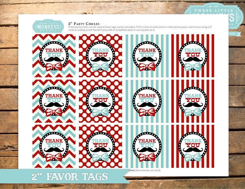 INSTANT DOWNLOAD Little Man or Little Mister Mustache Bow Tie 2" Favor Tags