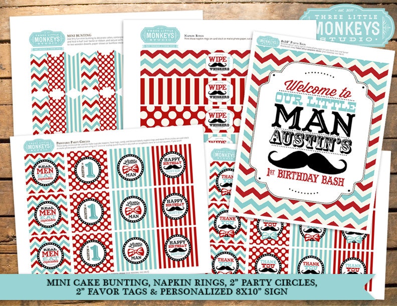 Vintage Little Man Mustache Birthday Party Pack  with 30 items