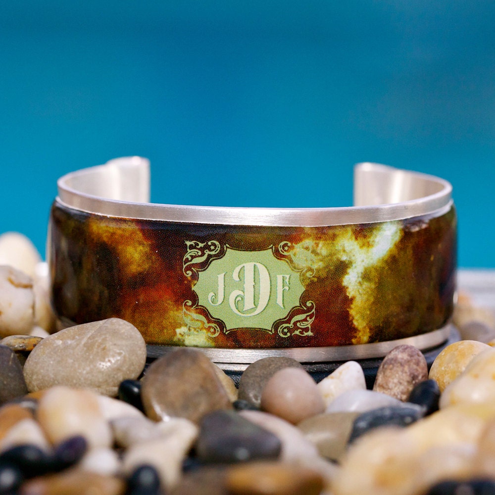 Rustic Cuff Monogram Cuff Bracelet - rusty style design with green plate and old style monogram - M1-11