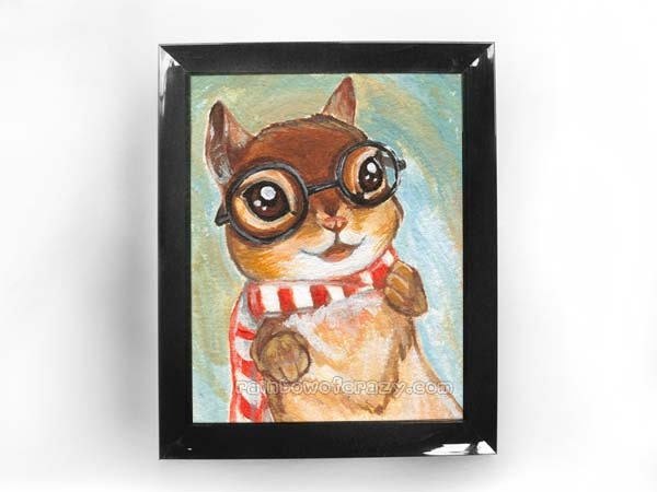 Chipmunk Art Print, Striped Scarf, Black Glasses, 8x10 Wall Art, Animal Portrait, Chipmunk Illustration