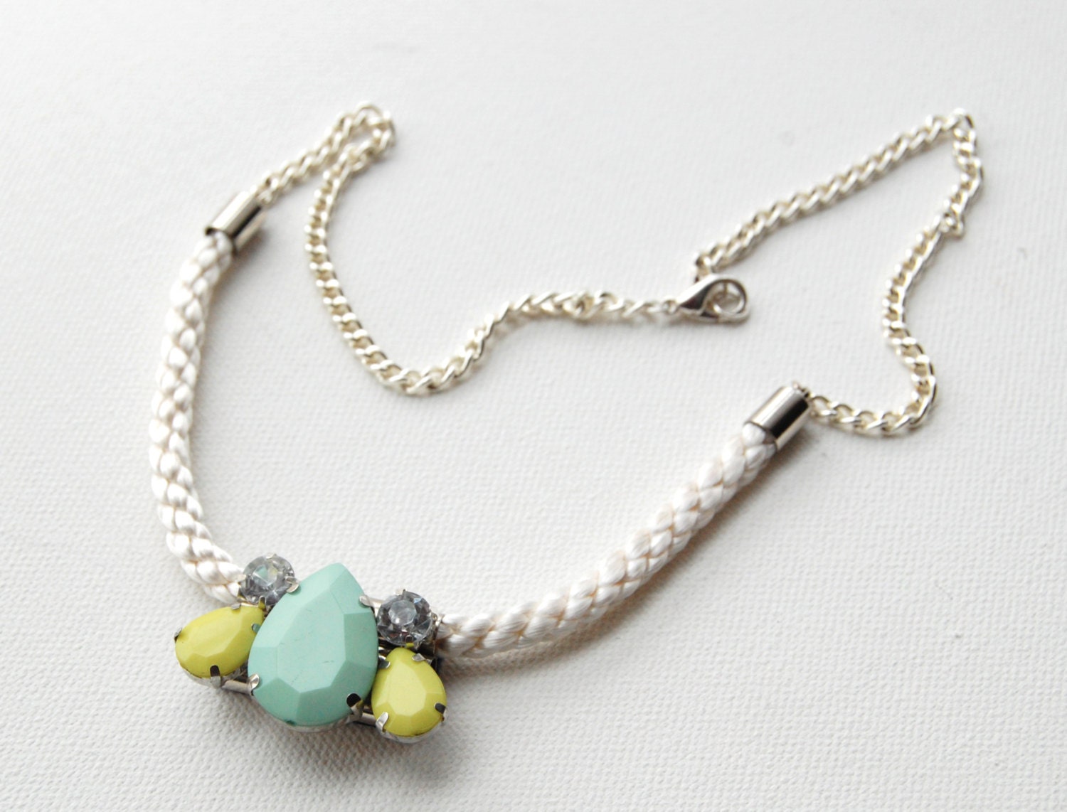 CARYS // White woven rope statement necklace //  Silver tone tube and mint green, neon yellow accents // Silver plated chain