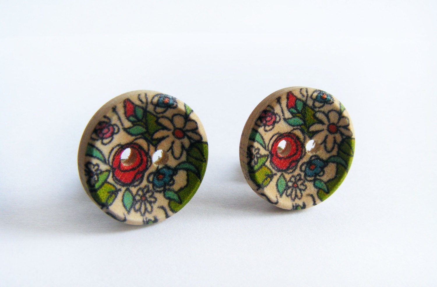 Flower Wooden Earrings - Flower Button Earrings - Little Stud Button Earrings - Post Earrings