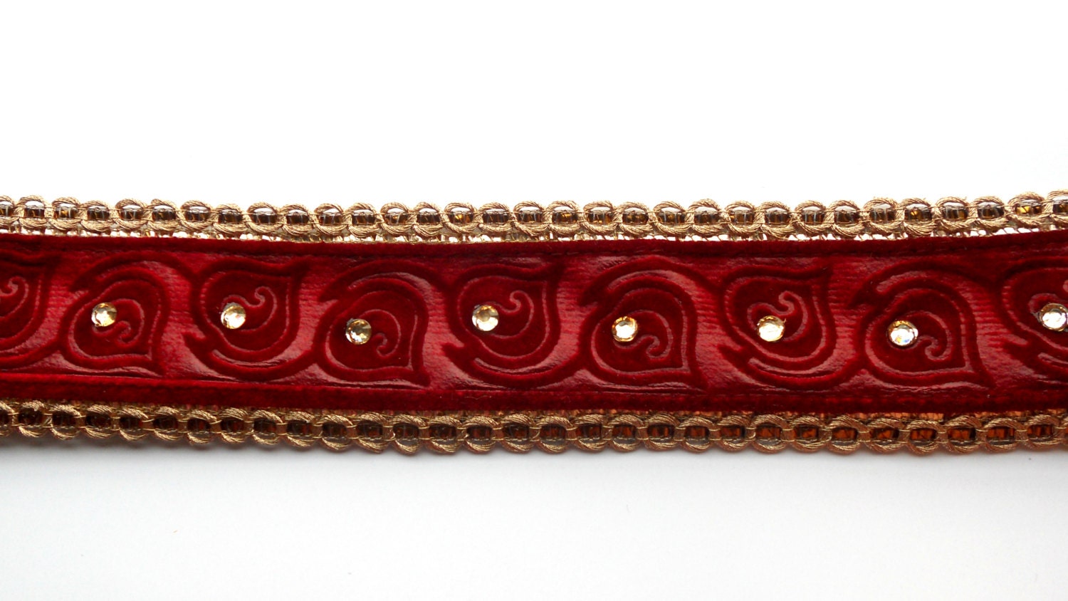 50% OFF-Embossed Velvet Trim 1.8 inch wide Velvet Braid Border with Golden Rinestones In two Colors Leaf Pattern