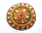 Rhinestone Applique Red and green Bohemian Fashion. Spring Decor. Flower Golden