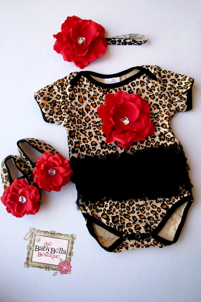 Leopard black tutu onesies  Baby  Onesie , headband and shoes  Set, ,Girl romper.