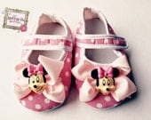 Baby Girl   Pink and white polka dots Minnie Mouse baby shoes , Crib Shoes ,Baby booties,Girl shoes.