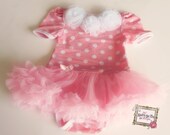 Pink and white polka dots  print baby with rosettes ,tutu onesie ,Baby Girl romper.