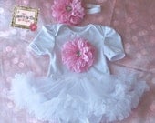 White baby girl Onesie tutu skirt pink flower elastic headband set  ,Baby Girl romper.