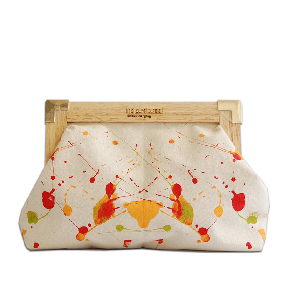 COLORFUL  WOOD CLUTCH - Orange, Green, Red - one of a kind