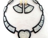 Art Deco Necklace Set, Luscious Black Rimmed Heart Mother of Pearl Confetti Lucite 18" Choker and Earrings Set 1950s