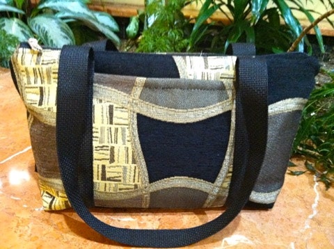 Tapestry Small Tote Bag Handmade, Purse, Handbag, In Modern Black, Taupe, Tan , and Brown fabric FREE SHIPPING