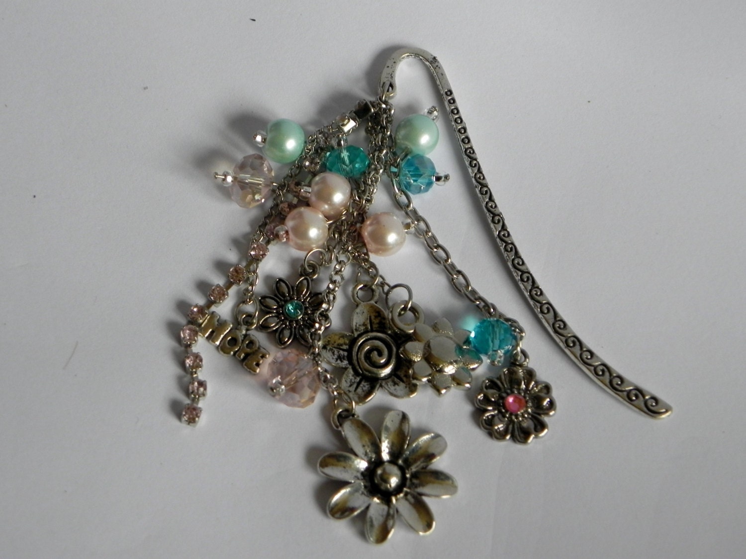 Beaded Bookmark Dazzler - Blue and Pink - Flower Themed - Bookmark Charm, Handmade, Books and Zines, Pearls, Custom Bookmarks, Dazzler