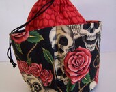 Skulls and Roses Mini-Drawstring Purse, 4 pocket Bag, Mini Tote, Carry-all Pouch, Mini Bingo Bag
