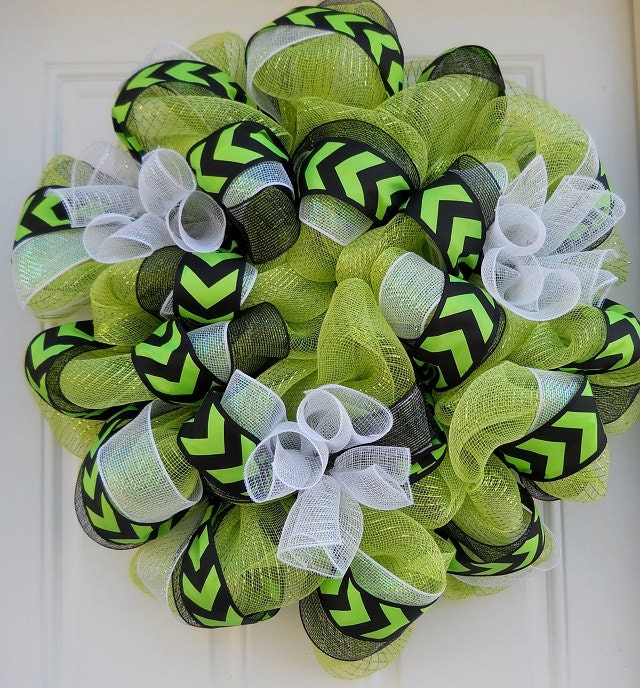 Lime Green Metallic Polka Dot Chevron Mesh Wreath