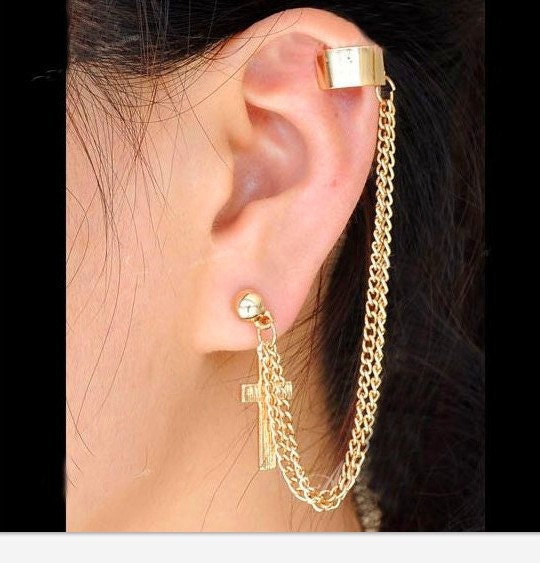 Cross Earring- Golden Chain Dangle small Cross Ear Cuff Clip Stud Wrap Earrings PIERCING, punk gothic rock modern fashion chic girly lolita