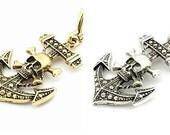 Caribbean Pirate Necklace-Antique Silver/Bronze BIG Skull Bone and Boat Anchor Long Statement Men Necklace, retro Steampunk punk rock gothic