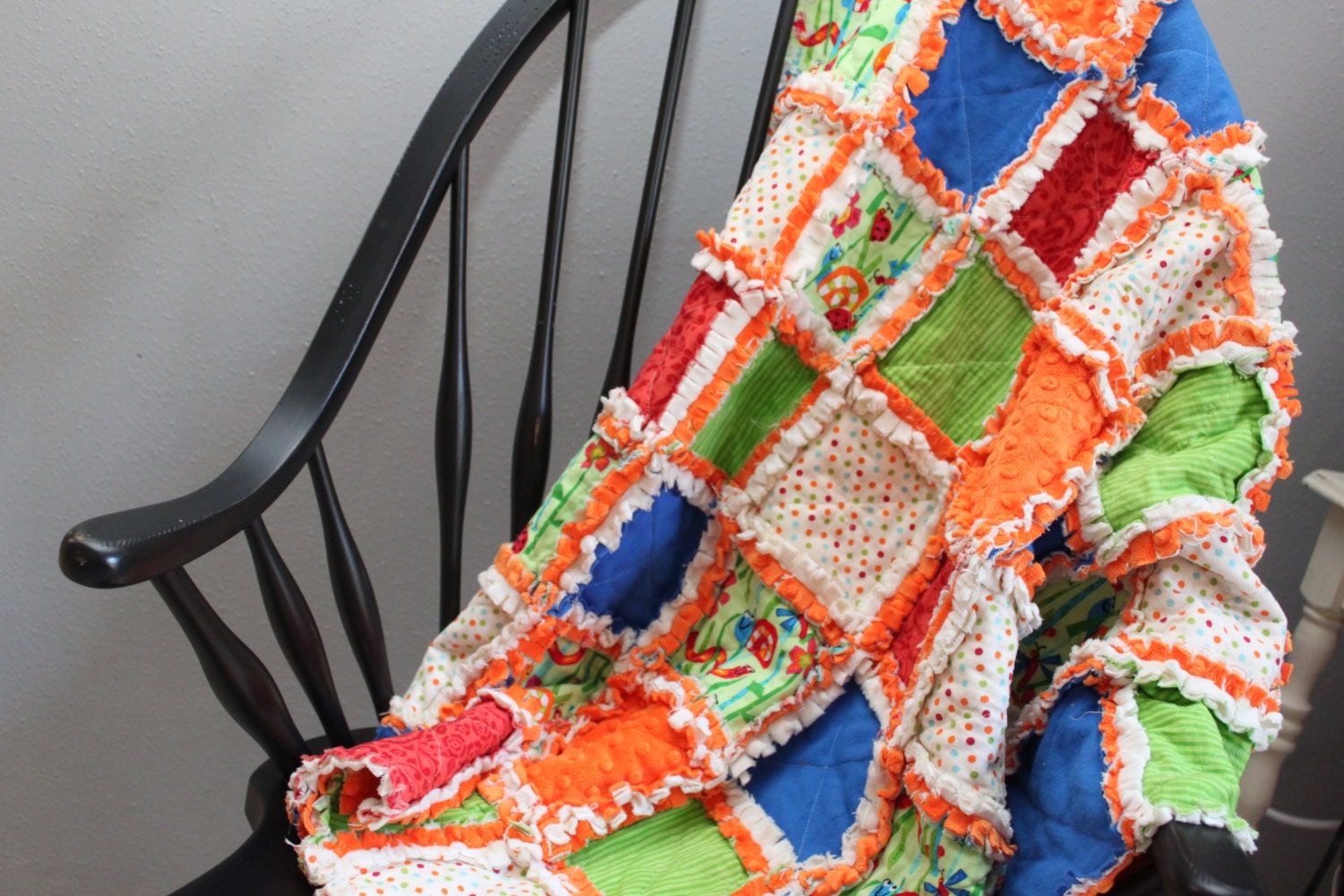 Minky Creamsicle Rag Quilt and Free Lovey: personalized label included, Girl's gift set, funky, orange, white, red, blue, green, crib size