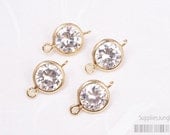 F113-02-G// Gold Plated 6mm Cubic Zirconia Round Pendant Connector, 4pcs
