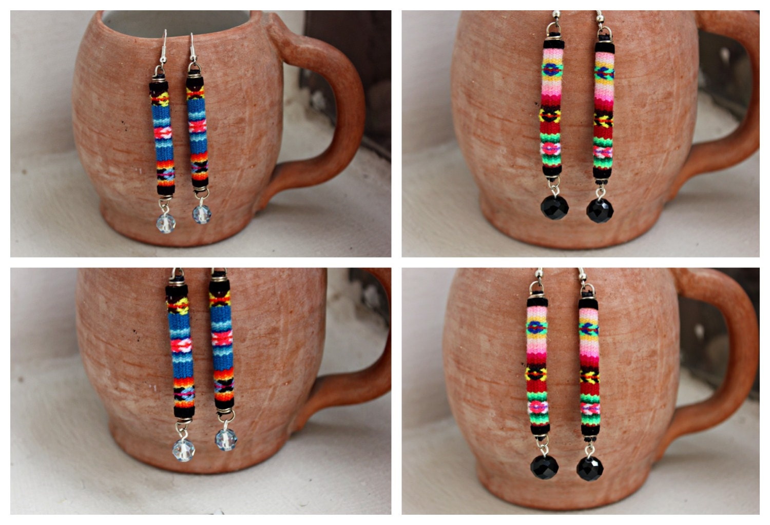Peruvian Textile Dangle Earrings with Crystal Bead