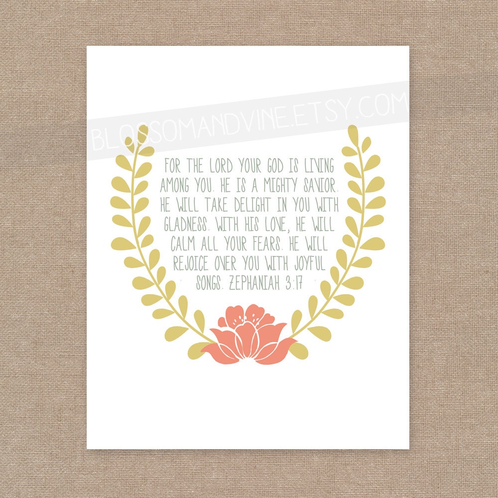 Scripture Print for the wall - Zephaniah 3:17 "Mighty Savior" flower and laurel 8x10 bible verse wall art decor