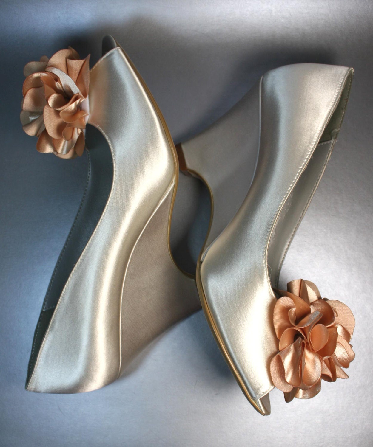 SAMPLE SALE Custom Wedding Shoes -- Ivory Peeptoe Wedges with Beige Flower Adornment -- Size 9 Only