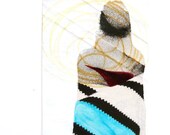 collage ACEO pop art distortion  --  mixed media collage, aqua blue, deep red, bold, portrait, mod, face, graffiti