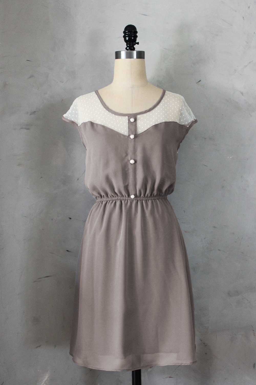PETIT DEJEUNER - Mocha taupe dress with polka dot lace illusion neckline // retro // vintage inspired // bridesmaid dress