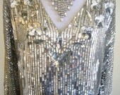 STUNNING COUTURE SILVER Christian Dior Glass Bead Metal Sequin Encrusted 1970s Silk Plunge Top Blouse - Divine Made In France Excellent