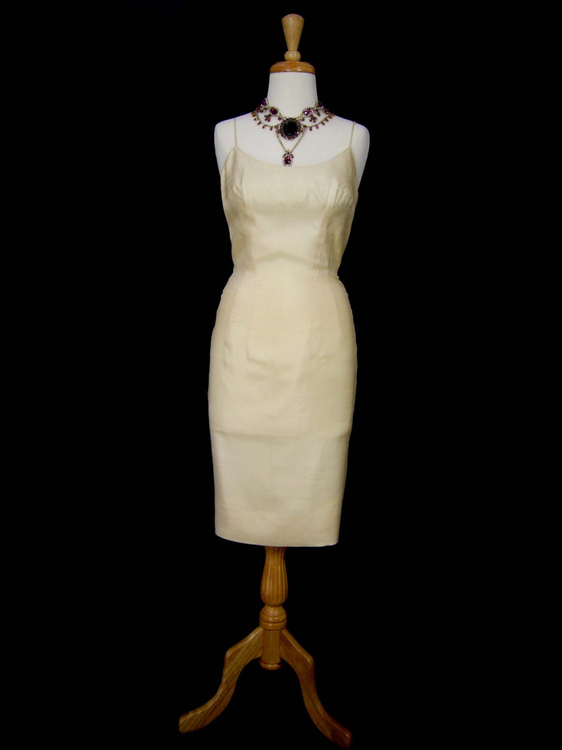 GLAMOROUS Sex Kitten 1950s Bombshell Couture Champagne Silk Hobble Backless Wiggle Dress - Designer 50s Plunge Pinup