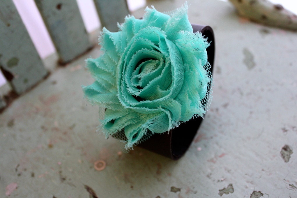 Flower Leather Cuff Bracelet Aqua Teal