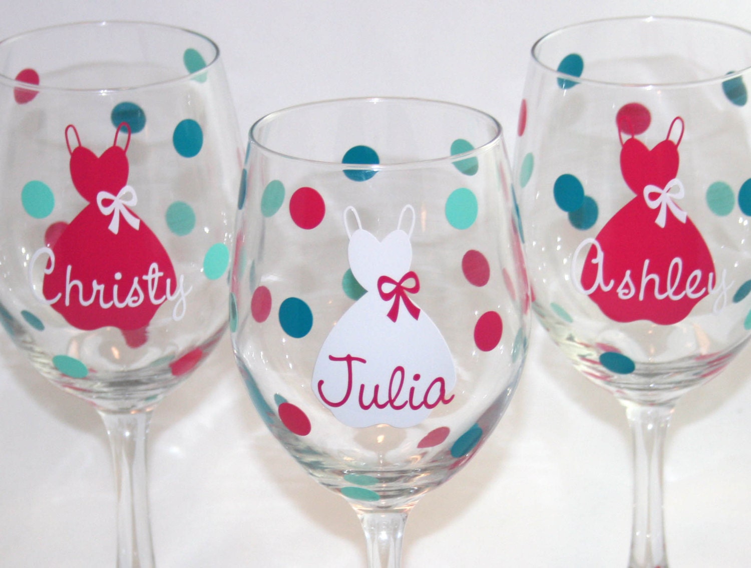 7 Personalized Polka Dot Bride and Bridesmaid Wine Glasses