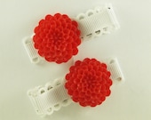 White and red hair clip - Red flower clip - Sale