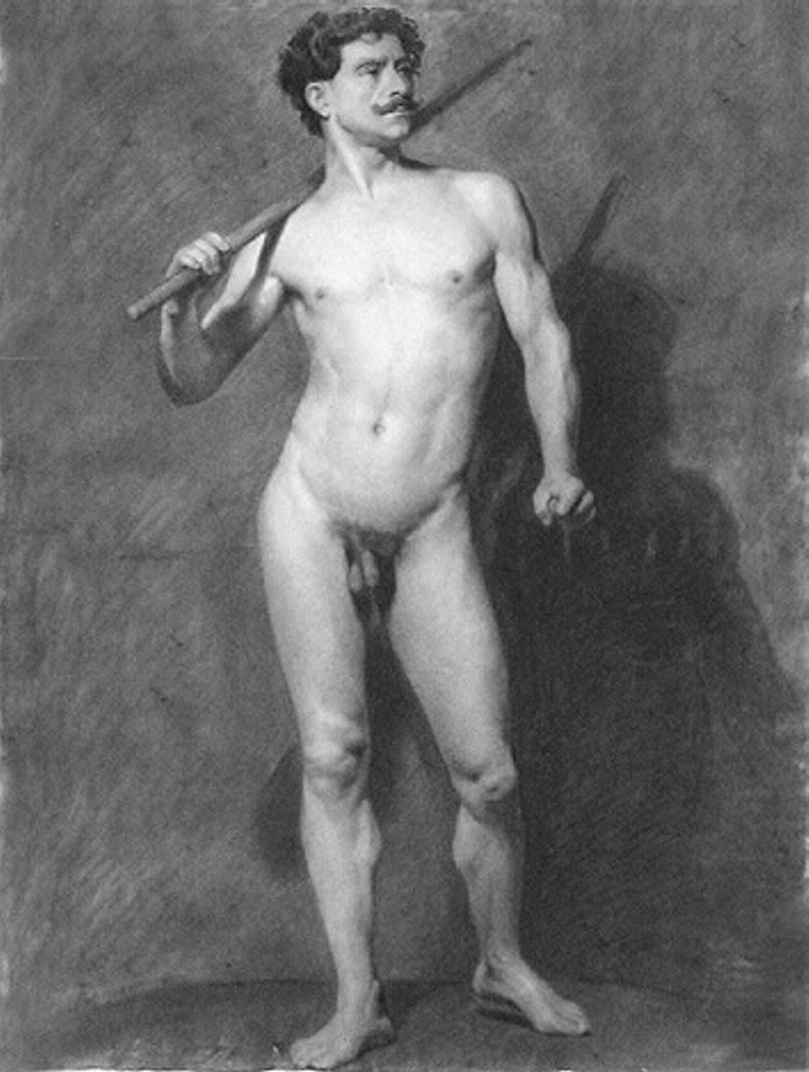 Male Pencil Graphite Drawing Figure Nude and Mustache on 18x24" Bristol Paper Charcoal