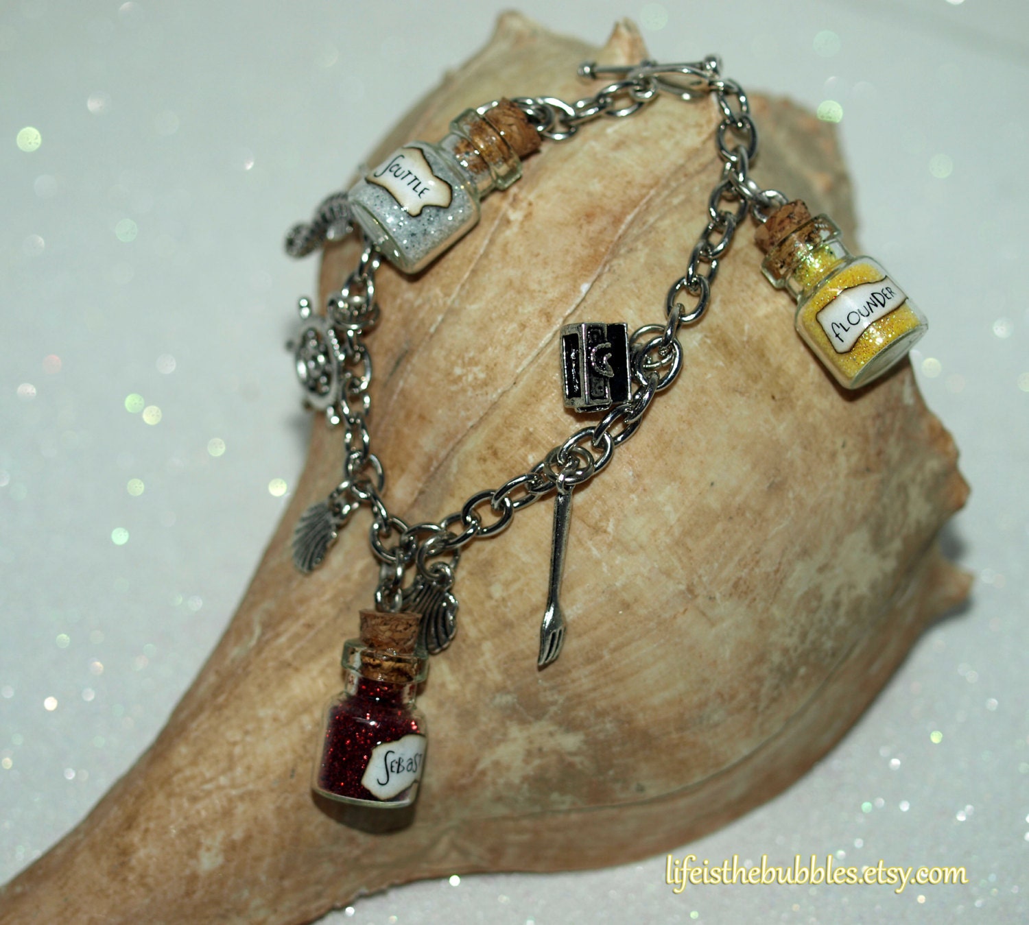 The Little Mermaid Ariel Charm Bracelet, Scuttle, Flounder, Sebastian, Disney Inspired by Life is the Bubbles