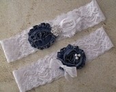 Wedding Bridal Garter Set - Floral Lace Pearls and Rhinestone - DENIM - Shabby Fabric Rose Flowers - Choose your Color