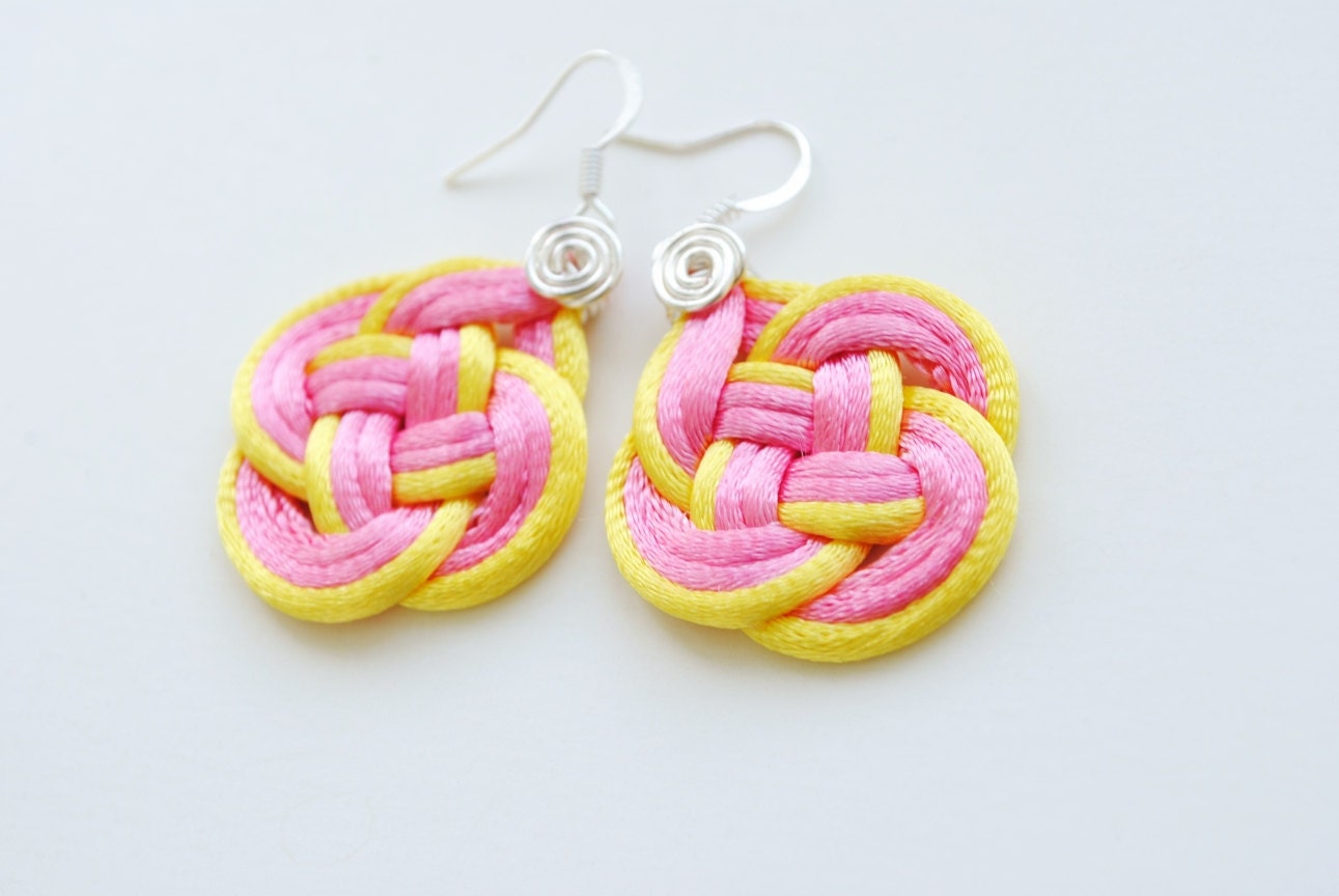 Pink and yellow double coin knot earrings, satin cords, knotted, woven, summer, gift for her, nautical style, rope jewelry