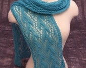 HANDKNIT LACE SCARF In Turquoise Teal Mohair/Wool/Acrylic Blend Elegant Wrap Stole Cowl