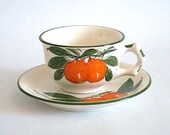 Vintage 8 Oz. Cup Mug w/ Saucer HANDPAINTED Oranges & Green Leaves - Japan
