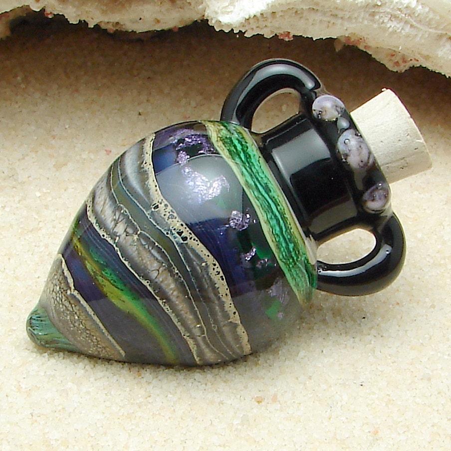 Hand Blown Glass Vessel Necklace - Purple, Green, and Organic Ivory Corked Bottle