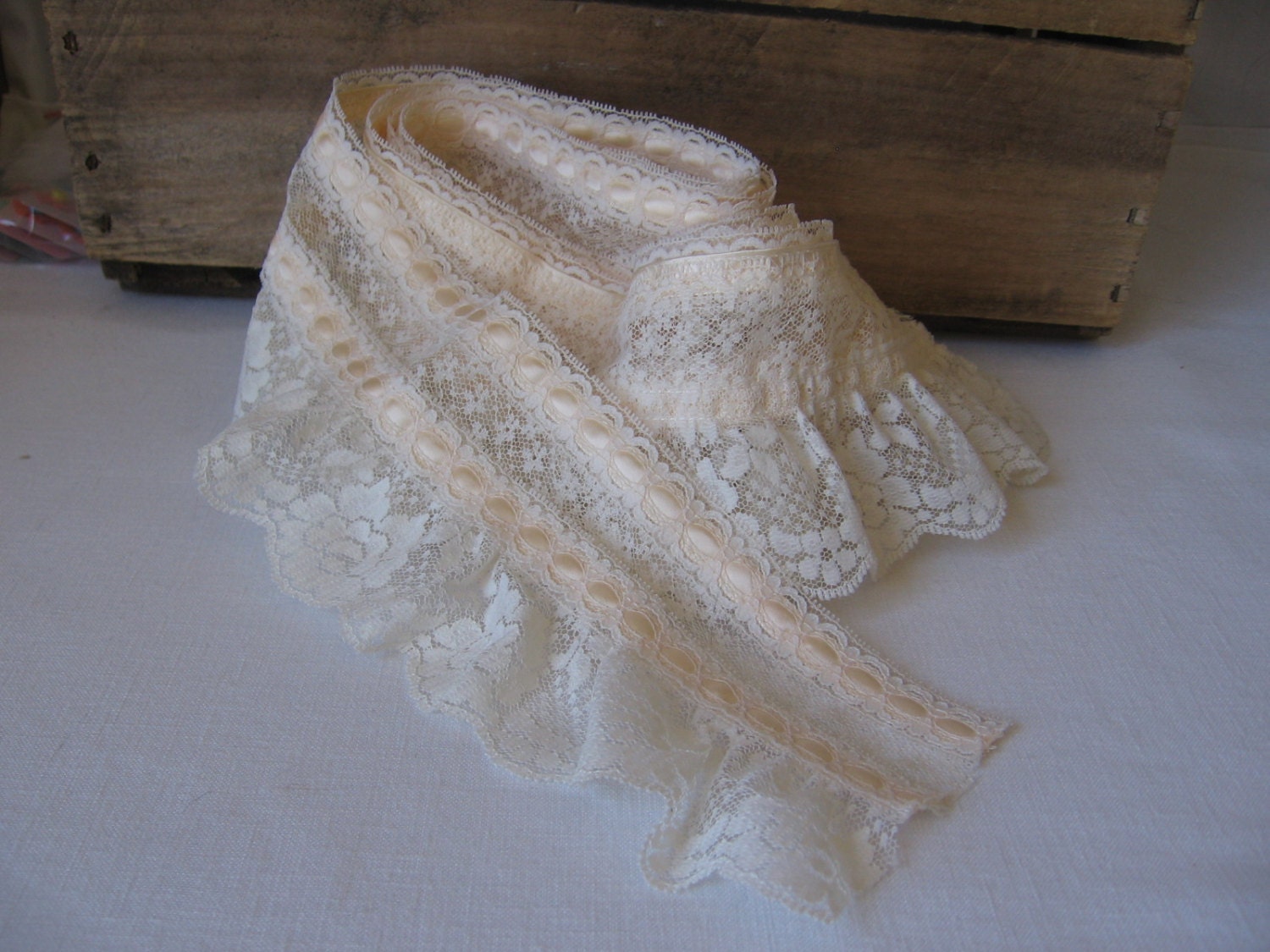 Beige Lace Trim with Peach Satin Ribbon Edging Lace and Ribbon Trim 2 yards 3 1/2 inch wide trim