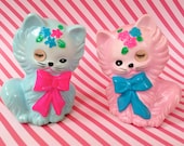 Rare Vintage Kitsch Pastel Neon Lovely Pair of Pink and Blue Matching Kitty Cat Salt and Pepper Shakers with Winking Eyes Lugenes Japan