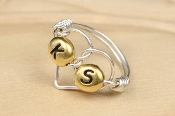 Personalized Two Golden Letters/Initial Sterling Silver Filled Wire Wrapped Heart Ring- Size 4, 5, 6, 7, 8, 9, 10, 11, 12, 13, 14
