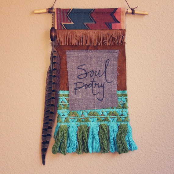 soul poetry.  bohemian textile prayer flag wall hanging.