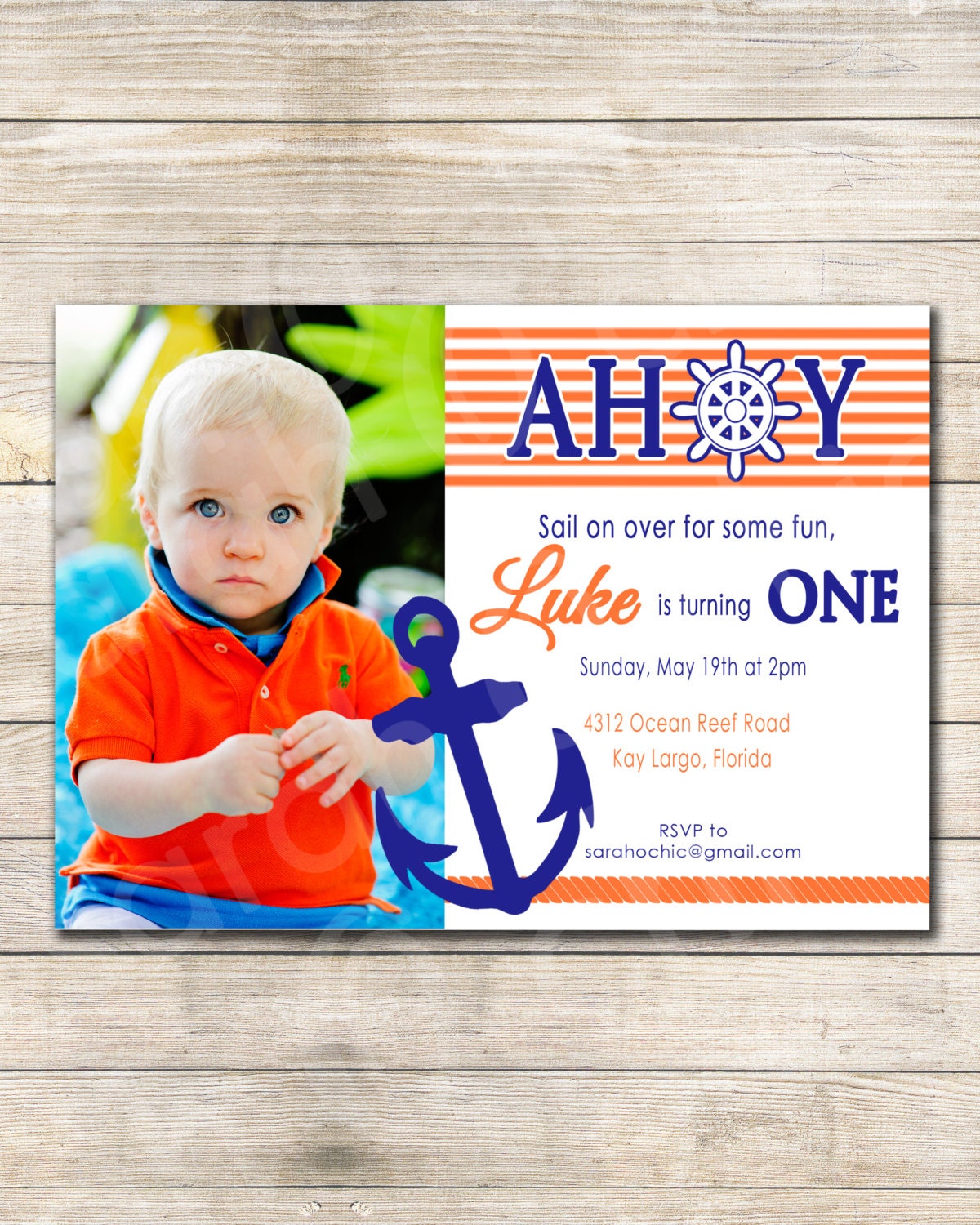 Nautical Birthday Party Invitation - sarah O chic -  orange, navy blue, sailor, sea, anchor, ahoy, nautical party