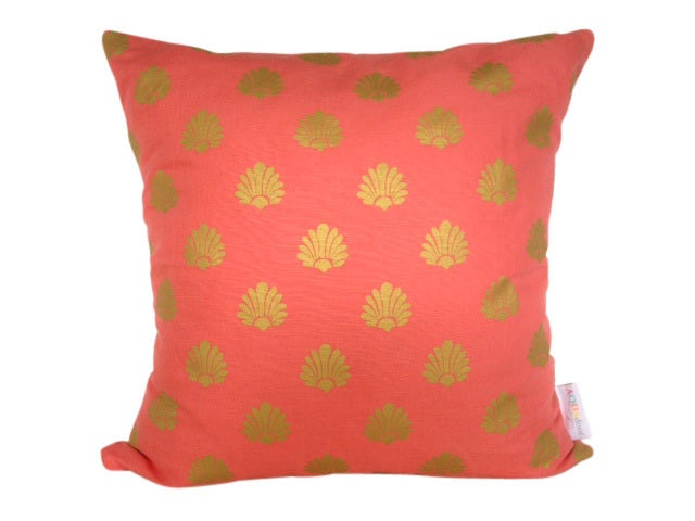Deco cushion cover in gold ink on coral linen/cotton 48cmx48cm