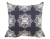 Algarve cushion cover in white ink on navy linen with pink piping 47cmx47cm