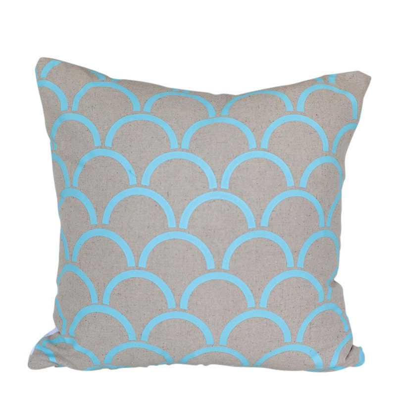 Cushion cover Arches design. Aqua design on beige sand Linen/Cotton 42cm x 42cm